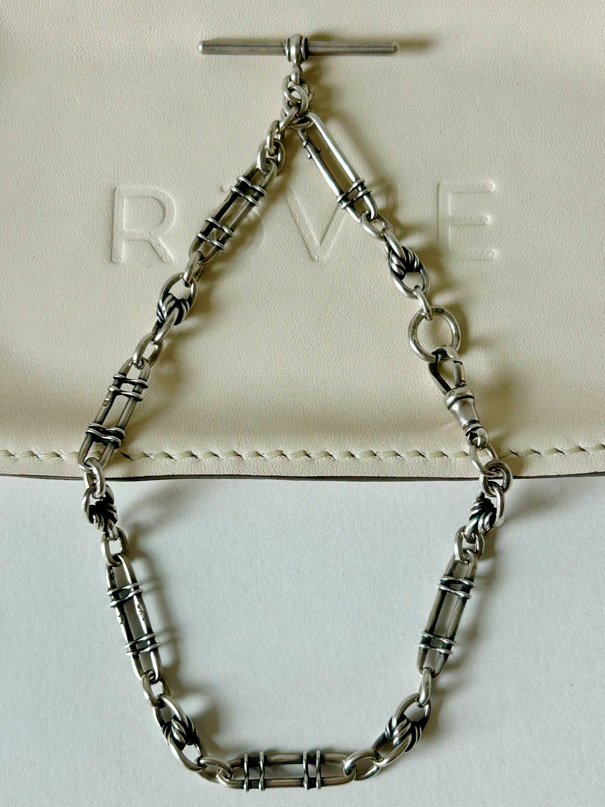 Early Vintage UK Sterling Silver Trombone + Lover's knot Watch Chain