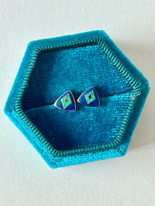 Vintage Lapis and opal Inlay Triangle Stud Earrings