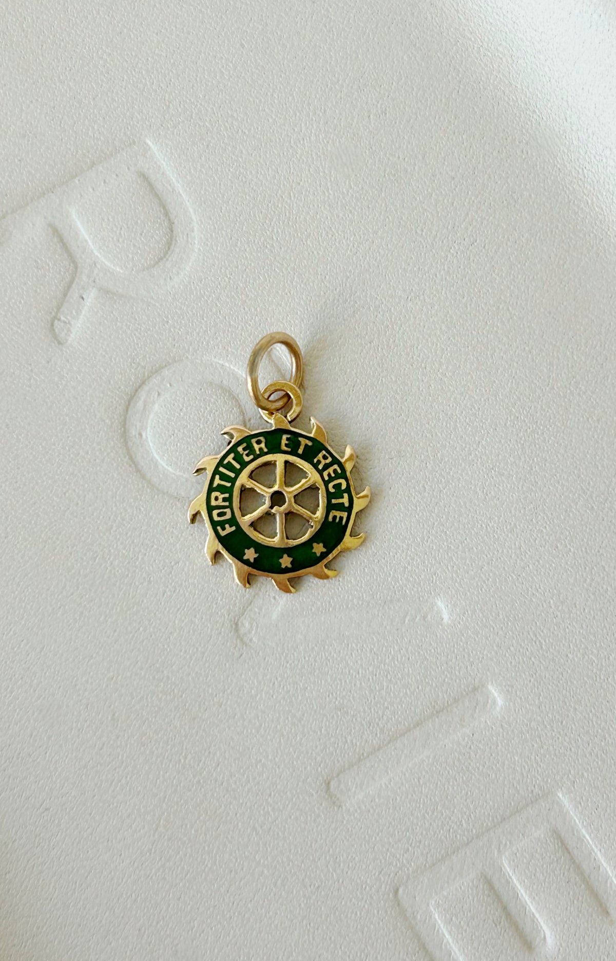Vintage 10k Enamel "Fortiter et Recte" Wheel Charm